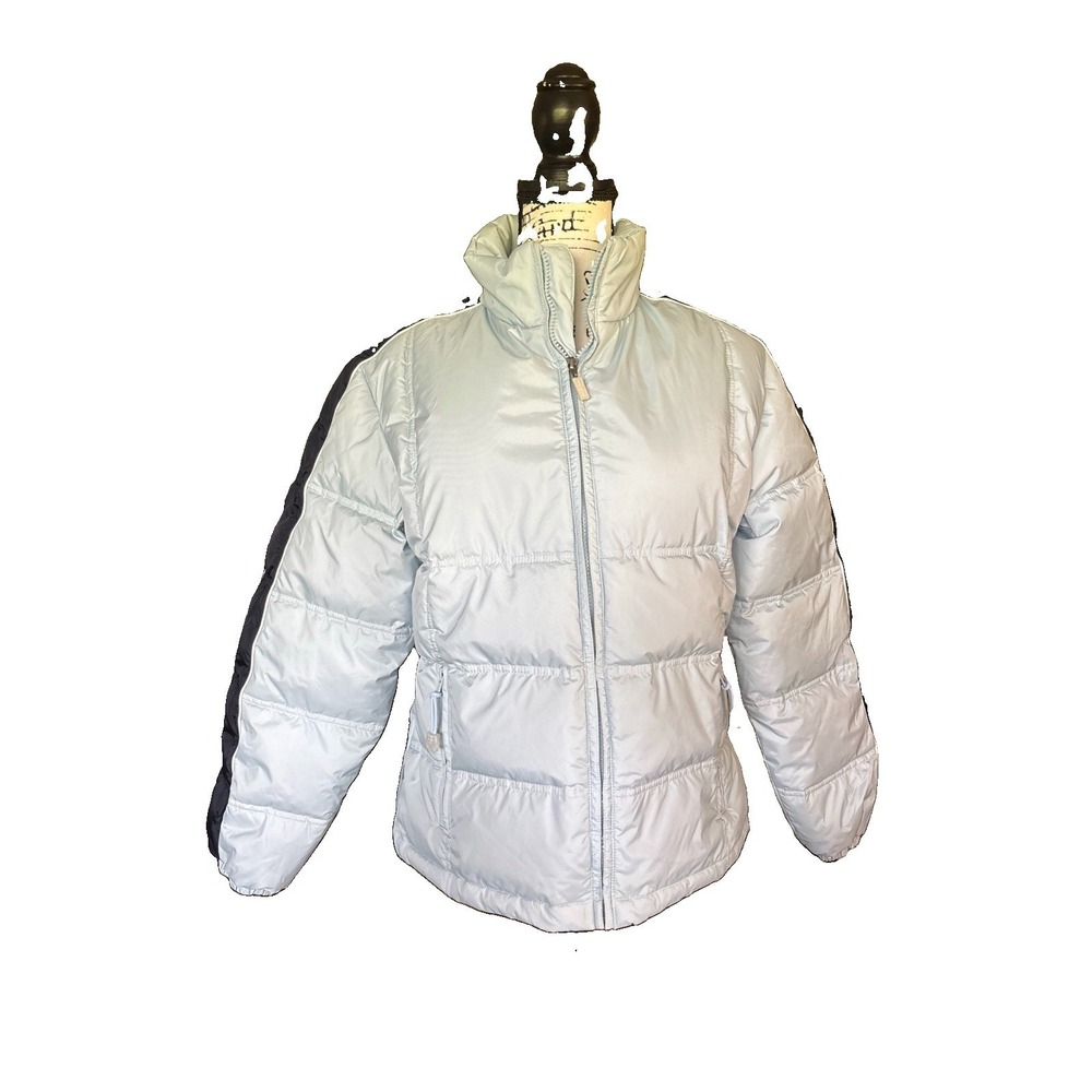 Women's Small Baby Blue With Blue Stripe Down Ski Puffer Jacket LEI Vintage - Picture 1 of 10
